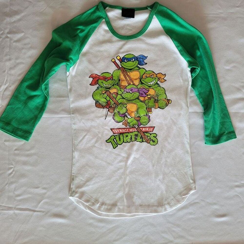 TMNT Boys M Green White Raglan 3/4 Sleeve Graphic Tee Vintage Style